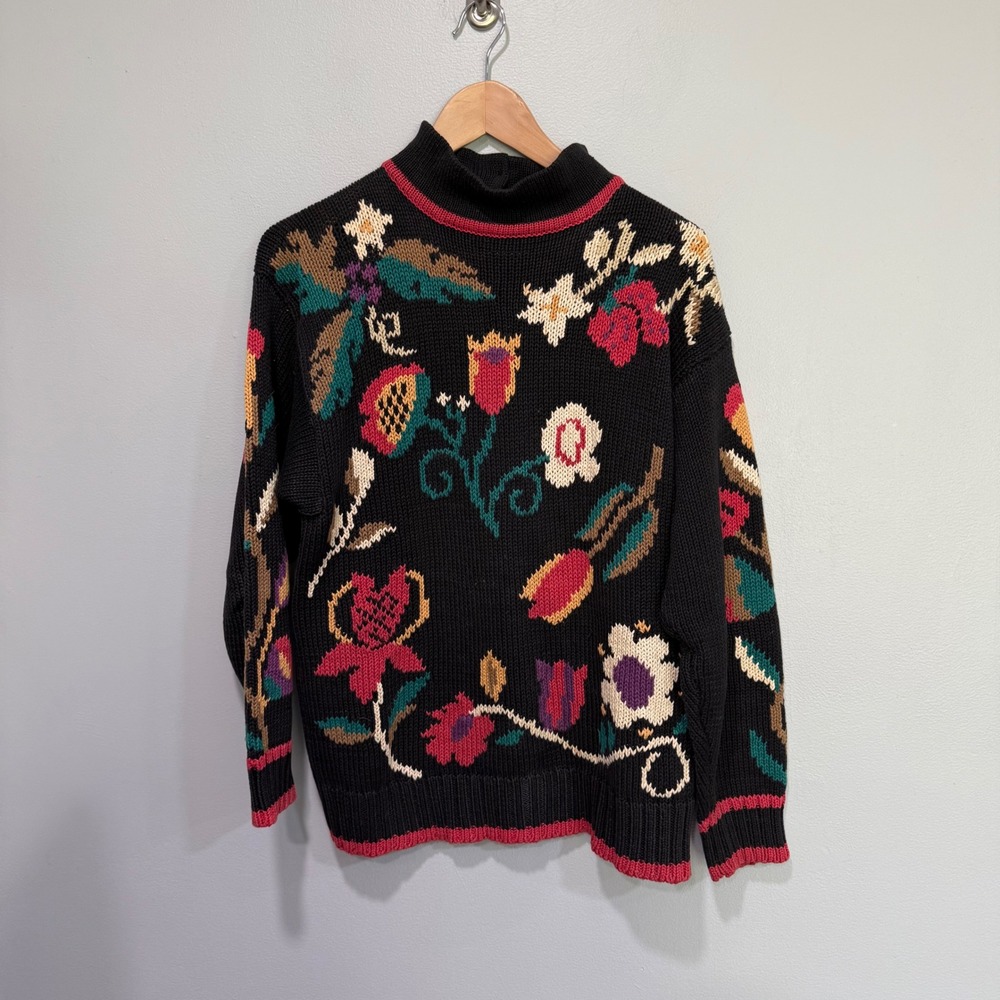 Vintage Tally-Ho Floral Intarsia‎ Sweater Black Ramie Cotton Womens M 90's